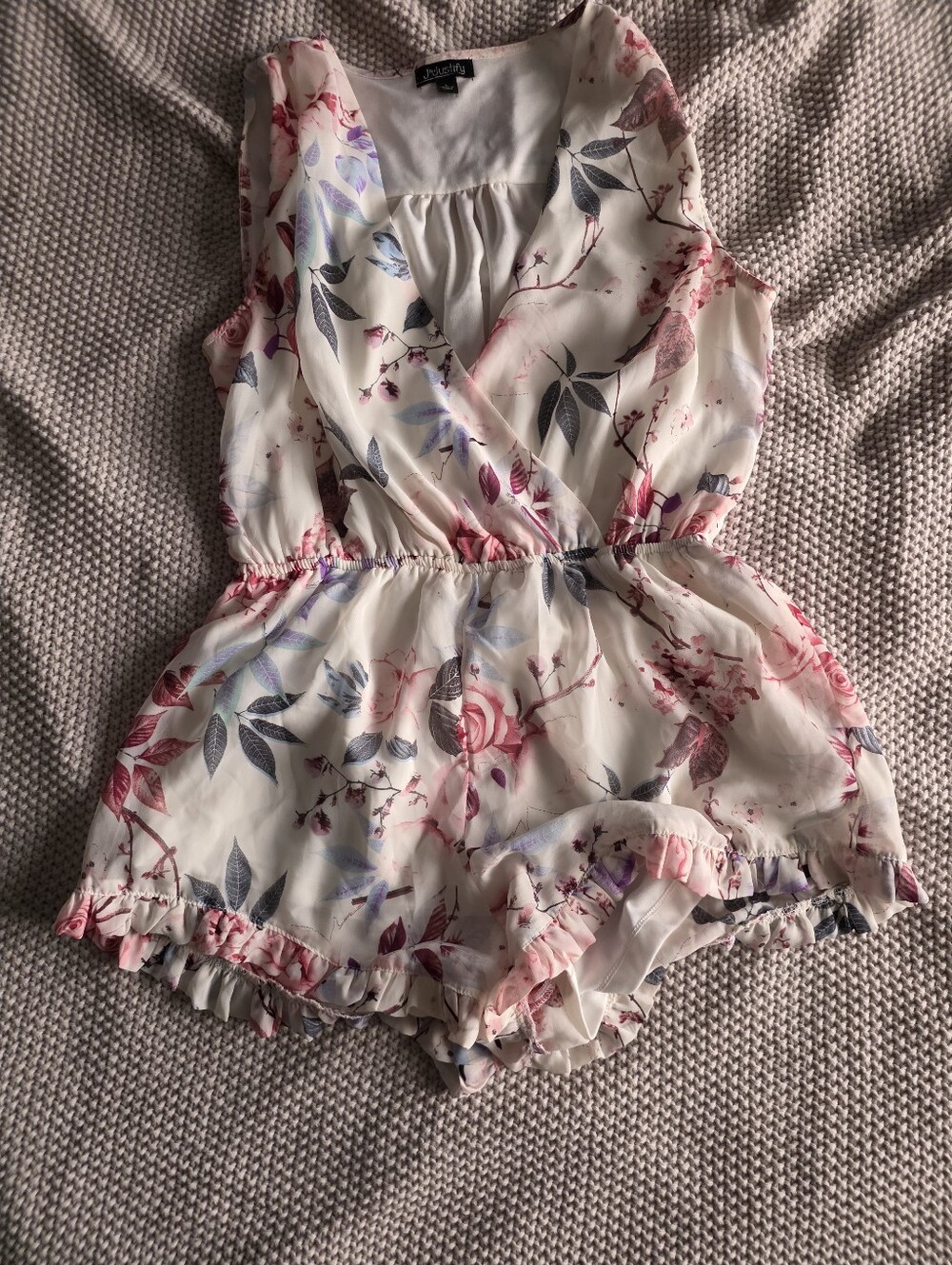 J for Justify Cream Floral Sleeveless Romper with Pink and Blue Accents
